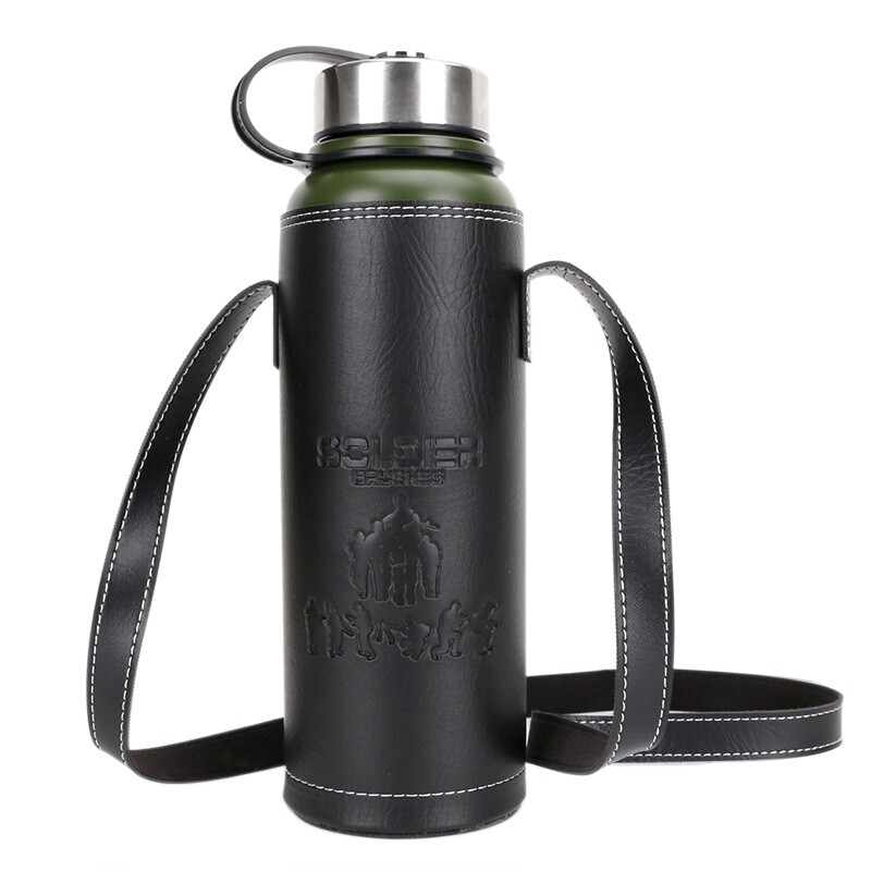 Large capacity green double layer vacuum stainless steel outdoor travel wild portable sports insulated kettle 1100ML with leather sleeve-Taobao