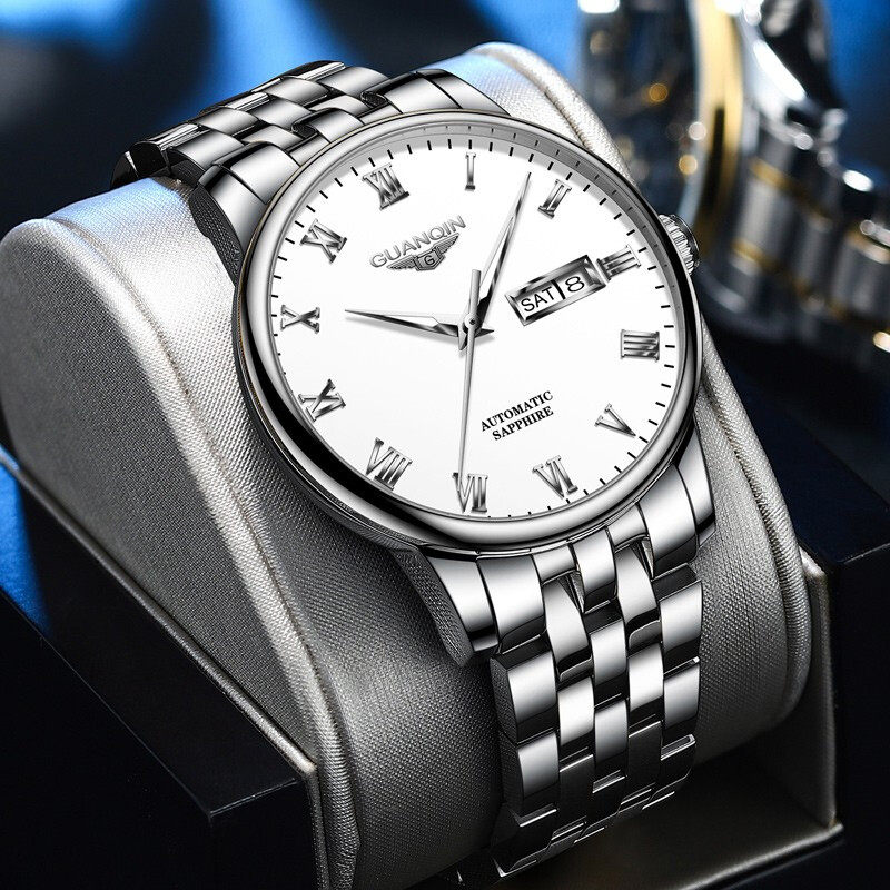 Guanqin watch men's automatic mechanical watch double calendar luminous waterproof quartz watch business simple hollow watch
