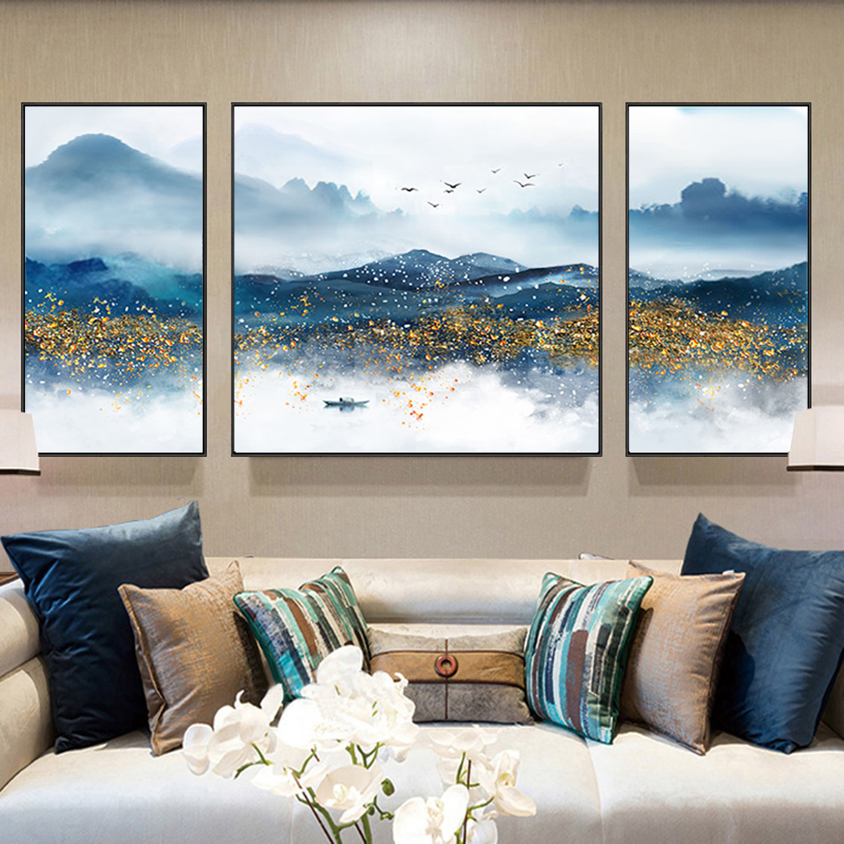 Simply modern living room combination decoration painting new Chinese sofa triple hanging stone abstract landscape painting painting