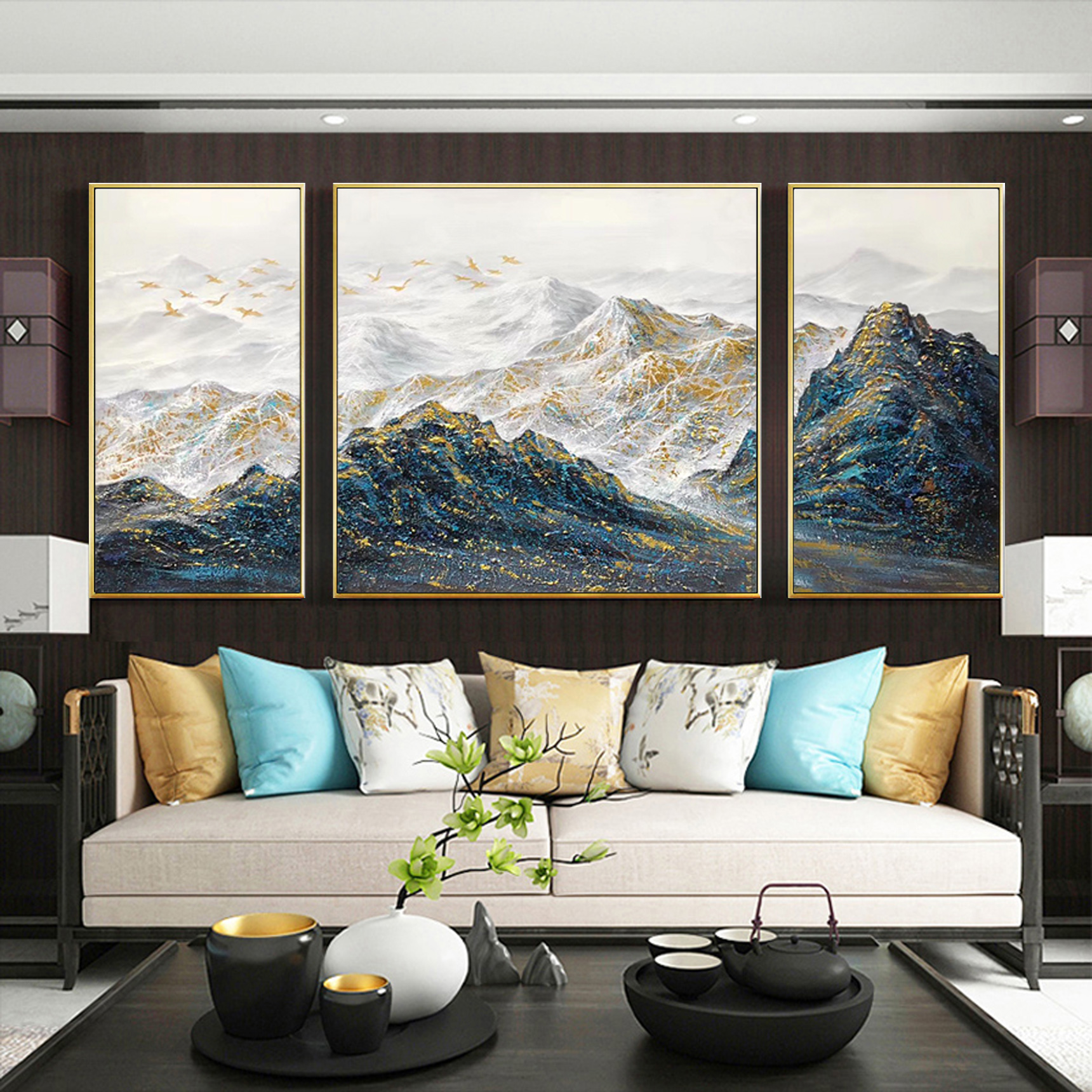 New Chinese decorative painting simple modern living room sofa background wall painting office lucky feng shui mural Jinshan