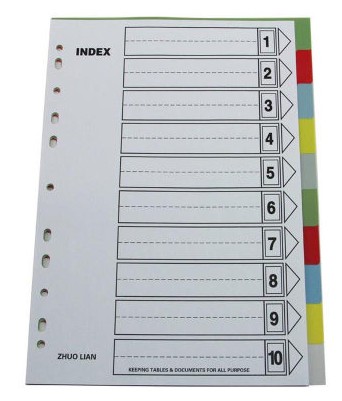 Zhulian ZL5810A Colour ten pages classified paper loose-leaf tiltable core indexed paper plastic sepp sheet 11 holes PP