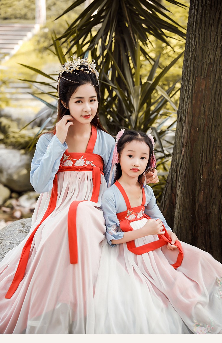 Hanfu phong cách Trung Quốc trang phục mẹ và phụ nữ, mặc cha mẹ-con, tươi và thanh lịch, ngực siêu nhỏ, phần dài, váy, yếu tố Trung Quốc - Trang phục dành cho cha mẹ và con đồ gia đình