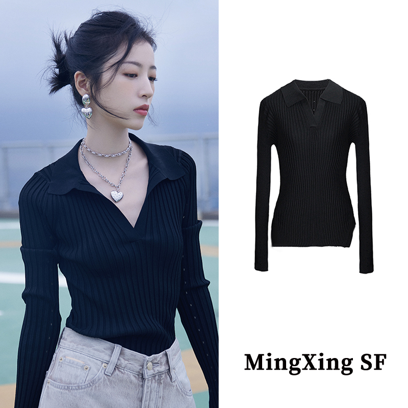 Zhou Yutong's Same Style Top for Women, Spring Celebrity Sweater, V-Neck Polo Collar Black Base Knitwear