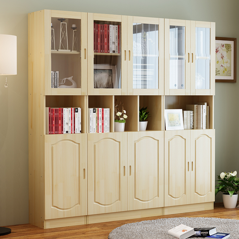 Solid wood bookcase shelves Free combined pine wood bookcase Sub-simple and environmental bookcase bookcase with door containing cabinet