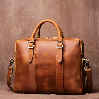 Men's Hand bag horizontal vintage leather briefcase shoulder crossbody file computer bag Crazy Horse leather messenger bag