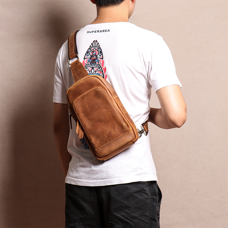 Retro first layer cowhide chest bag crazy horse leather handmade original Messenger bag sports small backpack trendy leather chest bag