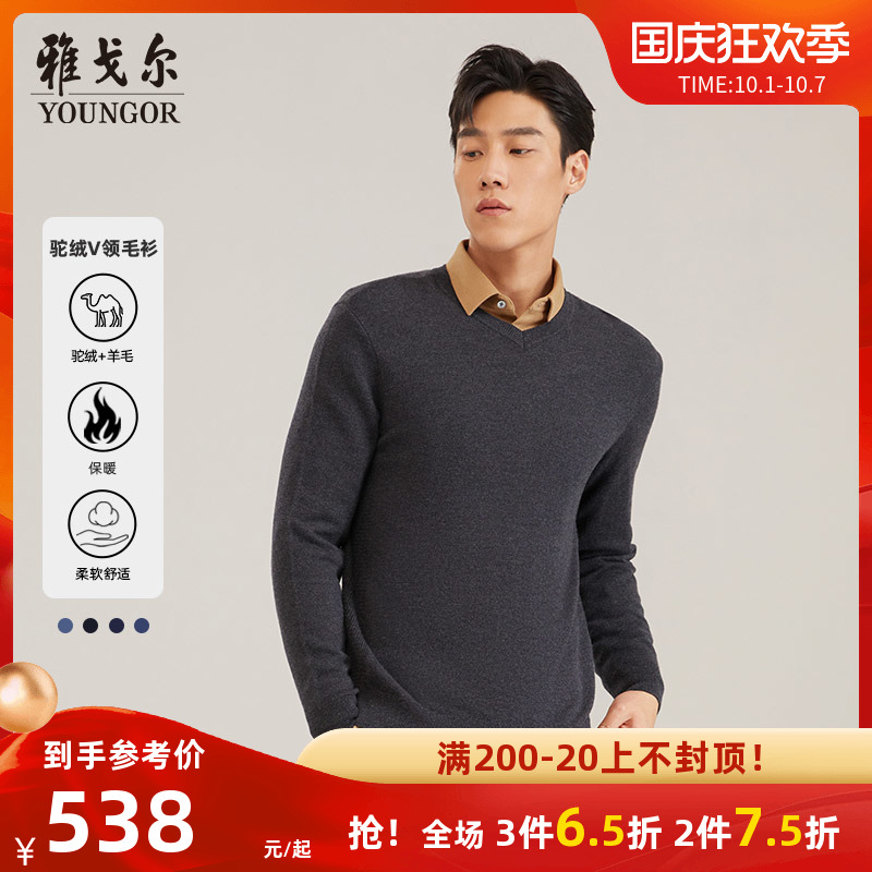 Youngor autumn and winter men's camel velvet V-neck sweater youth warm professional work base knit sweater 2916