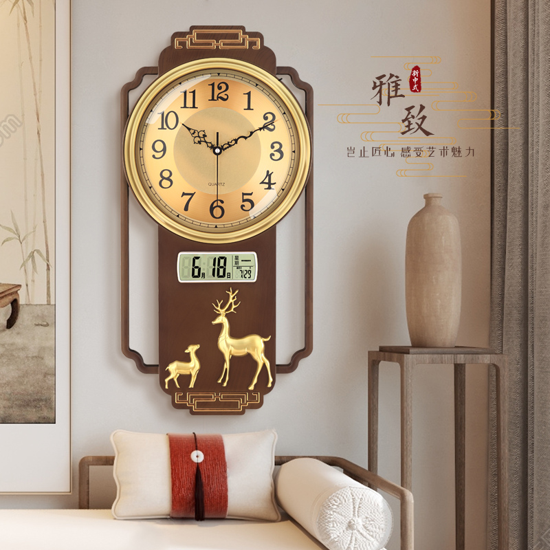 New Chinese large imitation solid wood hanging bell light extravagant atmosphere metal surface mute clock hanging wall calendar quartz clock table-Taobao