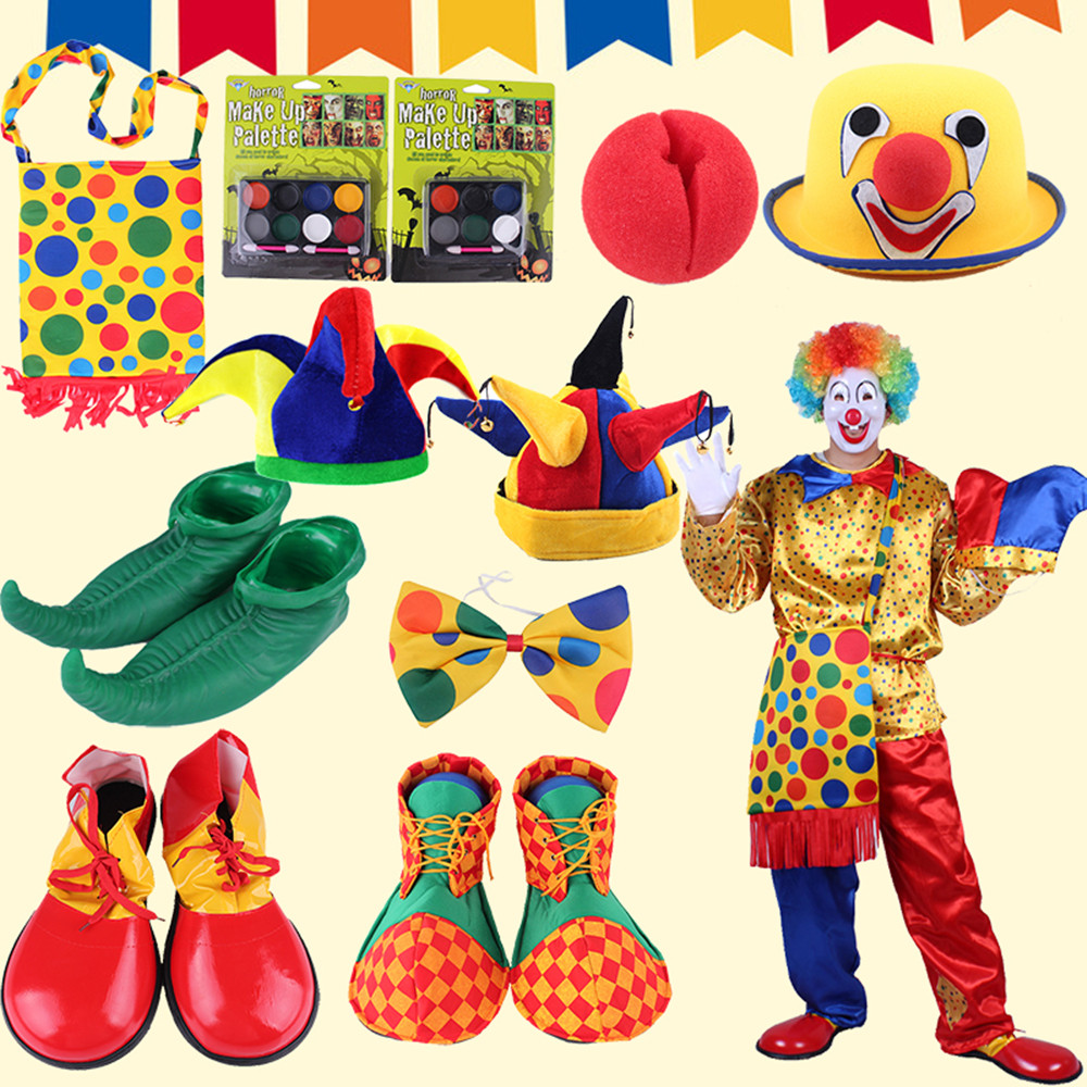 Halloween Clown Costumes Dress Hat Nose Clown Mask Oil Color Collar Tie Shoes Clown Backpack-Taobao