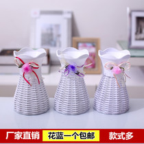 Silk mesh flower material simulation plastic vase desktop flower arrangement simple rattan wrought iron vase flower Flower Blue