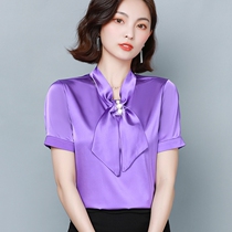 Bow shirt womens summer new fashion satin professional chiffon shirt temperament with wide leg pants neck top