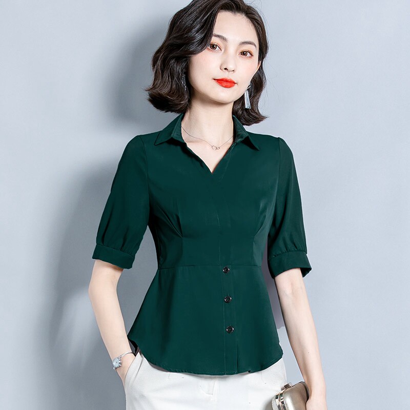 Waist-up Western-style chiffon shirt women's summer dress new temperament V-neck OL professional shirt fashion with wide-leg pants top