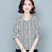 Striped chiffon shirt womens summer dress new style mother cover belly mid-sleeve small shirt fashion with wide leg pants top