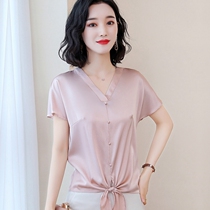 Western Chiffon Shirt Womens Summer New Temperament V-neck Knot Satin Shirt Belly Mulberry Silk Top