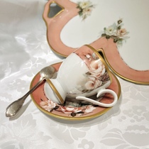 Hand-painted bean paste powder rose coffee cup with sterling silver spoon
