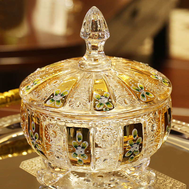 Czech enamel gilded craft crystal glass sugar jar Dried fruit snack fruit bowl Candy box fruit cup with lid