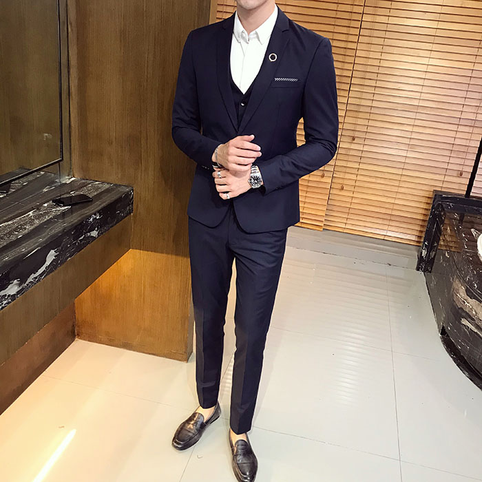 Bộ vest nam quần tây sơ mi bốn mảnh thời trang trẻ trung Slim solid màu chuyên nghiệp phù hợp với áo liền quần đồ công sở nam