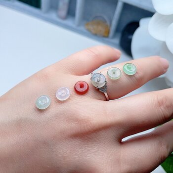 Natural jade ping an buckle 925 silver inlaid ring