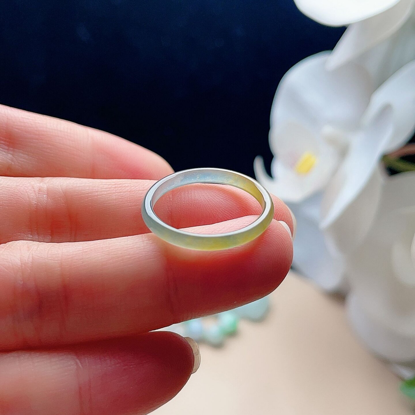 Natural jadeite ice ring clear water green golden yellow double color