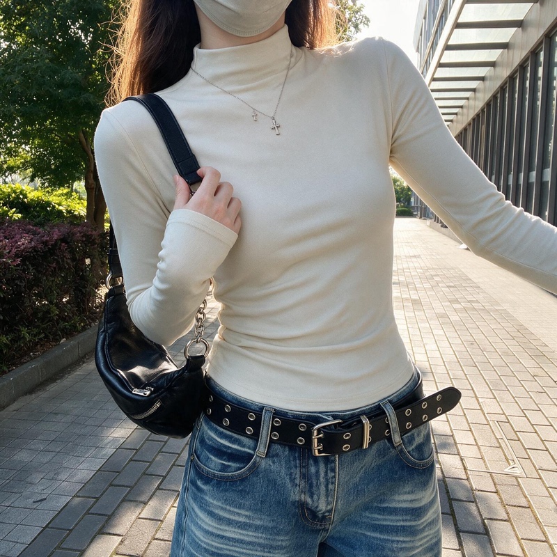 Half-High Collar Slim-Fit Slimming Base Shirt for Women, Versatile for Autumn and Winter, Basic Soft and Stretchy Waist-Cinching Long-Sleeve T-Shirt Half-High Collar Slim-Fit Slimming Base Shirt for Women, Versatile for Autumn and Winter, Basic Soft and Stretchy Waist-Cinching Long-Sleeve T-Shirt
