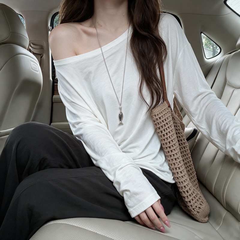 Lazy Style Relaxed One-Shoulder Long-Sleeved T-Shirt for Women, Off-Shoulder Loose Sexy Top, New Spring and Autumn Base Shirt Lazy Style Relaxed One-Shoulder Long-Sleeved T-Shirt for Women, Off-Shoulder Loose Sexy Top, New Spring and Autumn Base Shirt