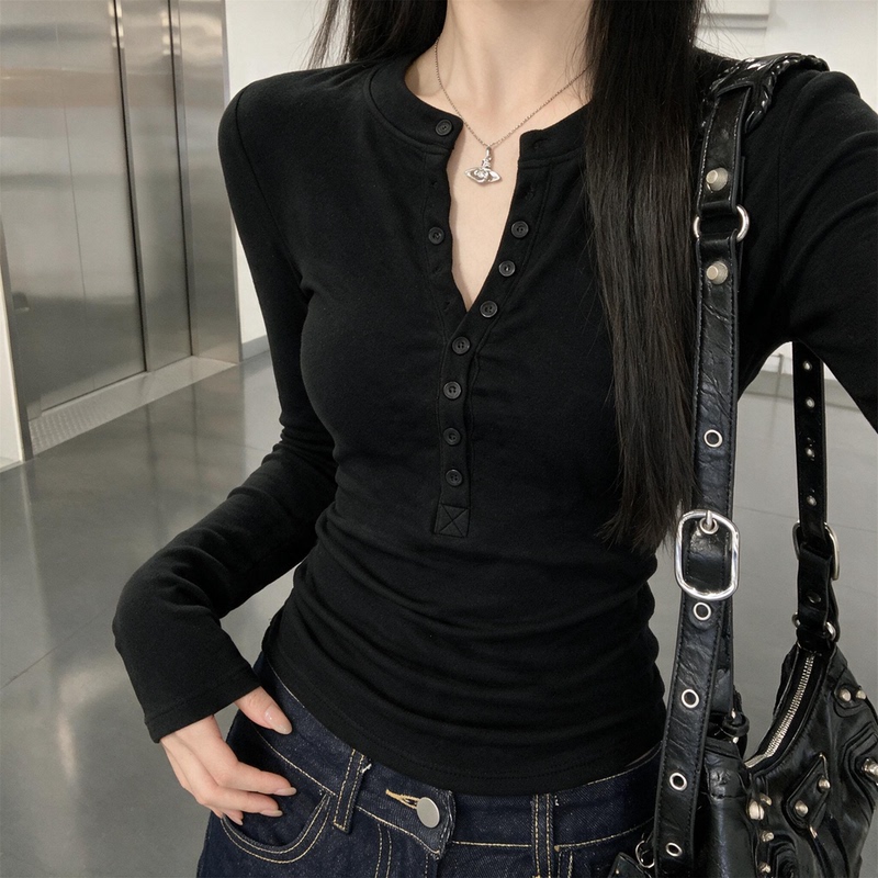 Autumn and Winter New Korean Style Henley Collar Long-Sleeve T-Shirt for Women, Slim Fit Base Shirt with Single-Row Buttons for Layering