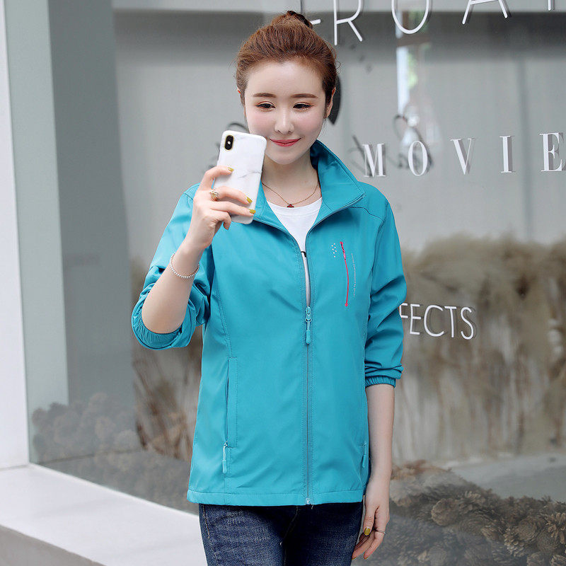 Sport windproof clothes jacket woman in spring and autumn 100 lap pure color upright collar jacket single outdoor sports work clothes big