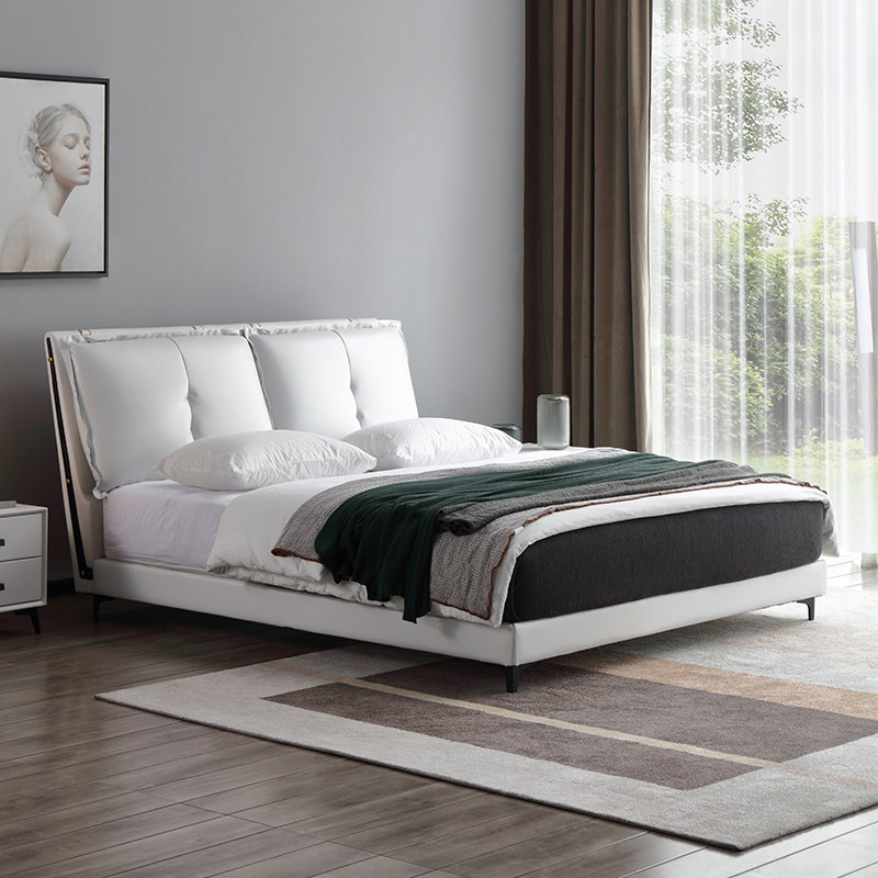 Italian Style Light Luxury Real Leather Bed Modern Simplicity Joins Wind Master Bedroom With Double Man Bed Soft Bag Wedding Bed Net Red Zibian Leather Art Bed