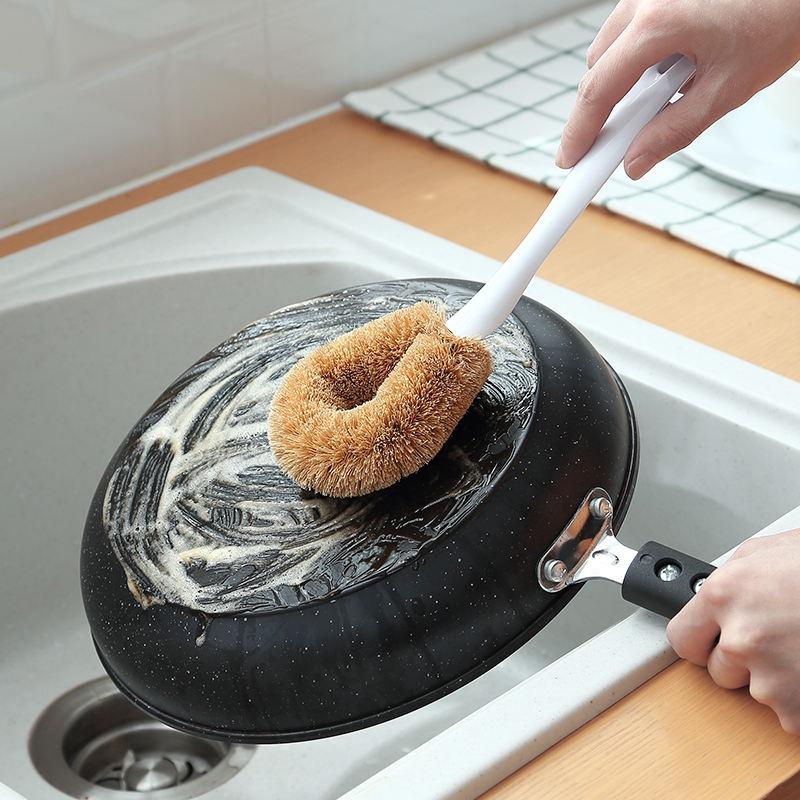 Happy Juju Kitchen Long Handle Brown Hair Brush Cleaning Brush Home Brushed Pan Wash Pan Wash Brush Dishwashing Coconut Palm Brush