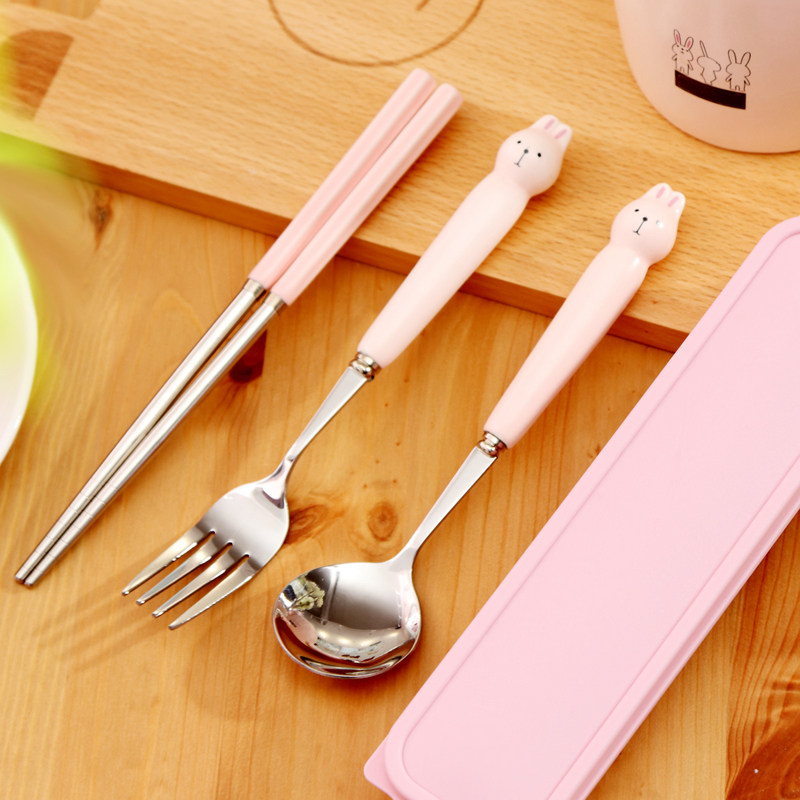 Cartoon Chopstick Spoon Suit Student Fork Single Metal Portable Strap Containing Office Work Cutlery Creative Black White