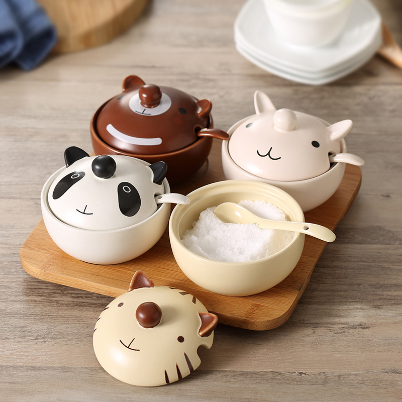 Concort cans Cartoon ceramic Korean household combination sugar salt cans with lid creative kitchen suite condiment box