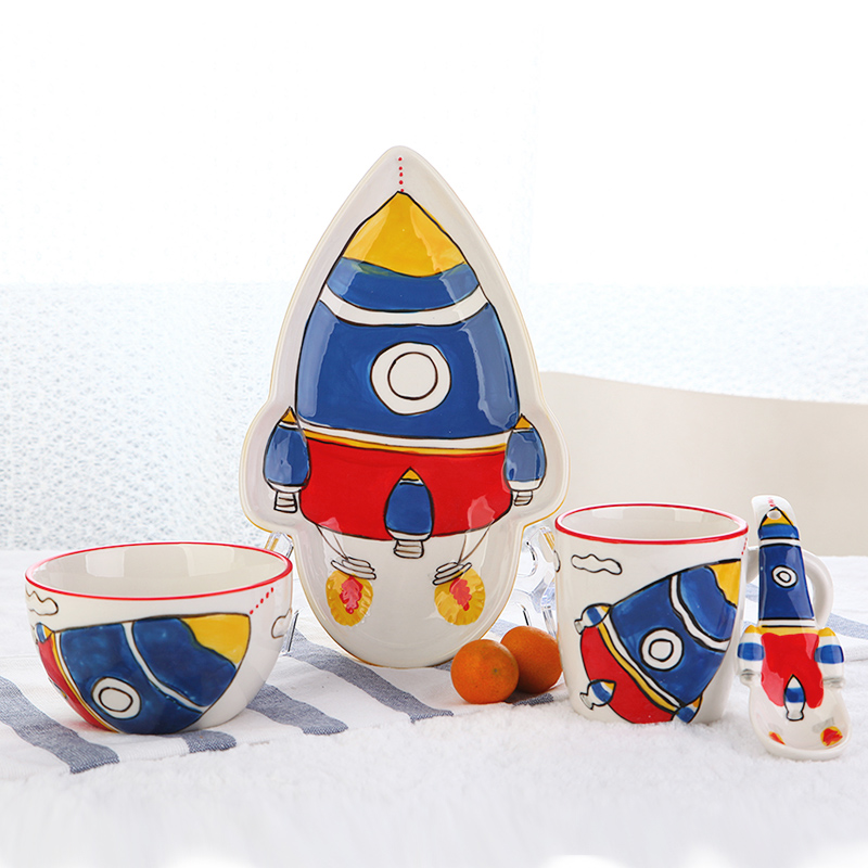 Cute children's ceramic bowl breakfast plate Cartoon baby rice cup cup meal tableware transportation series