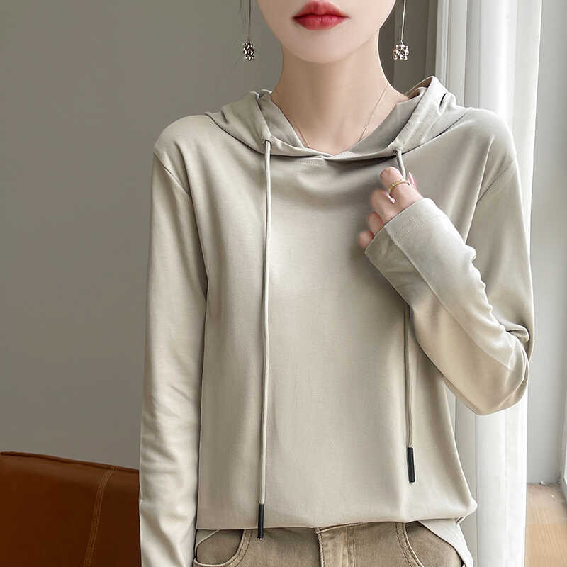 2026 Spring/Summer New 100% Cotton Hoodie Women's Long Sleeve Pullover Sweatshirt Loose Slimming Autumn Coat Solid Color Jacket