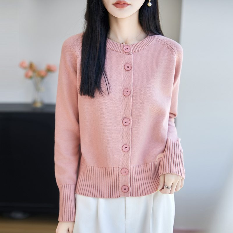 100% Pure Cotton Knitted Round Neck Cardigan for Women, Loose and Warm Sweater Jacket, Young Mother's Top, Base Layer Shirt
