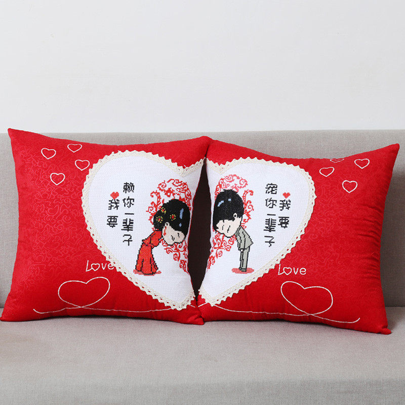 New 2021 cross embroidered pillow pair couple Heqing wedding Hugging Pillow Living-room Sofa Cross Embroidered 2020 pillowcase