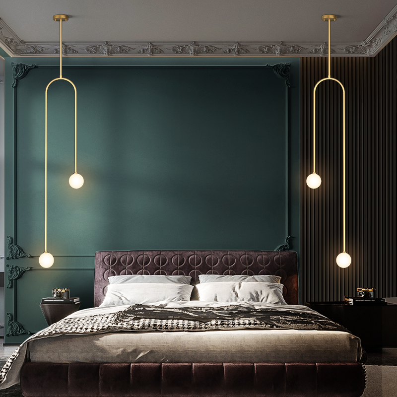 Nordic full copper Pole minimalist bedroom bedside chandelia modern minimalist background wall single head light lavish long line main bedroom with small hanging light