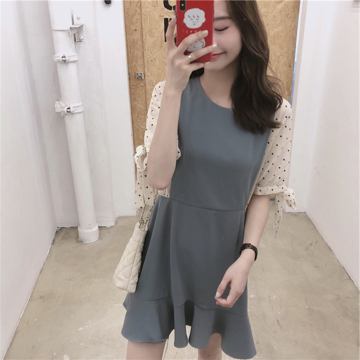 VK旗艦店 韓系復古波點拼接純色繫帶短袖洋裝