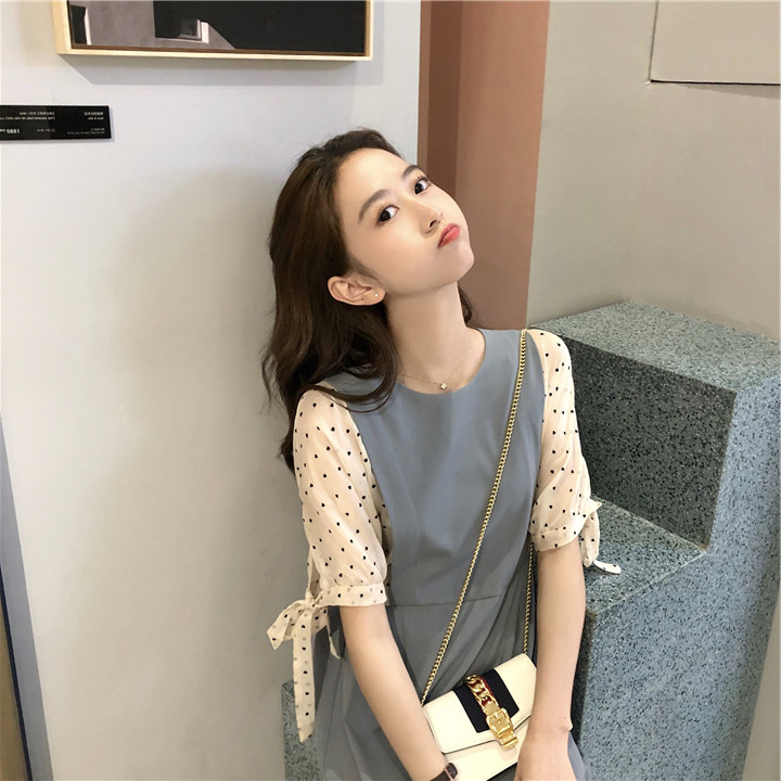VK旗艦店 韓系復古波點拼接純色繫帶短袖洋裝