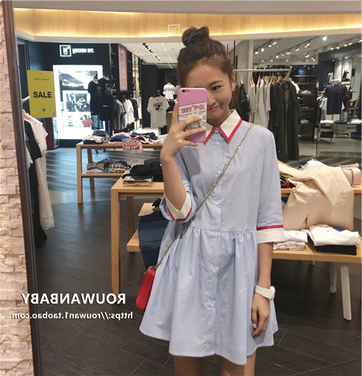 VK旗艦店 韓國學院風襯衫條紋素色顯瘦長袖洋裝