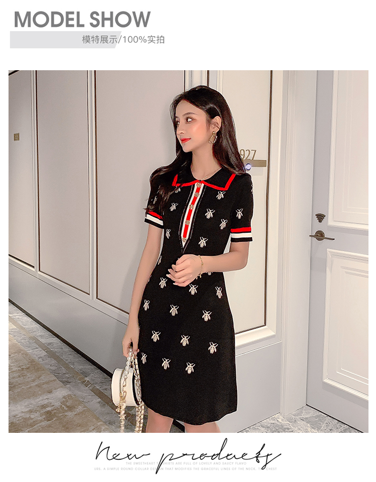 VK旗艦店 韓系娃娃領蜜蜂刺繡針織短袖洋裝