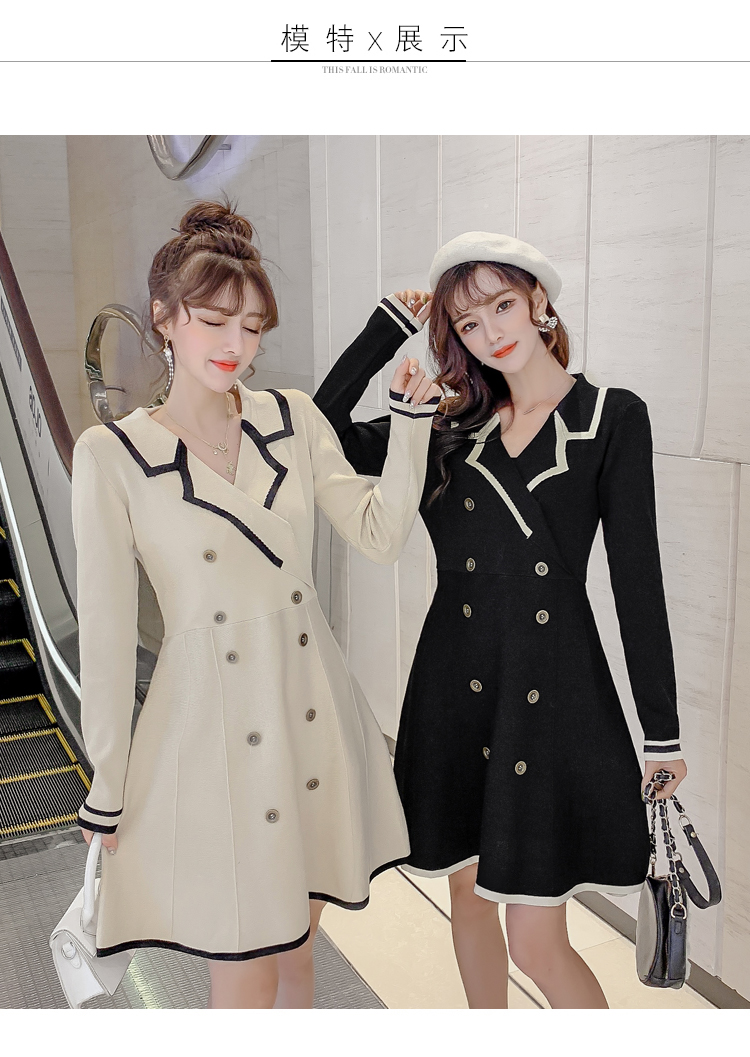 VK旗艦店 韓系POLO領雙排扣撞色高腰針織長袖洋裝