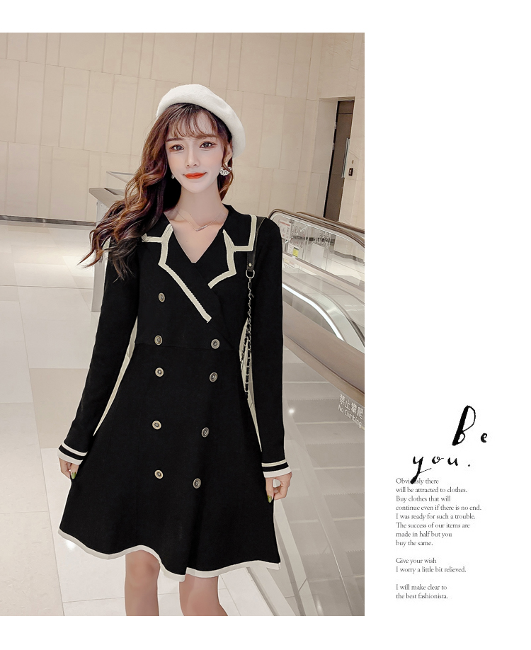 VK旗艦店 韓系POLO領雙排扣撞色高腰針織長袖洋裝