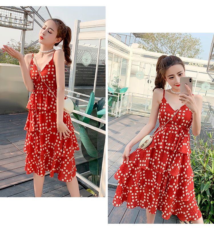 DABI 韓國風名媛細肩帶波點蛋糕v領時尚無袖洋裝 DABI 韓國風名媛細肩帶波點蛋糕v領時尚無袖洋裝
