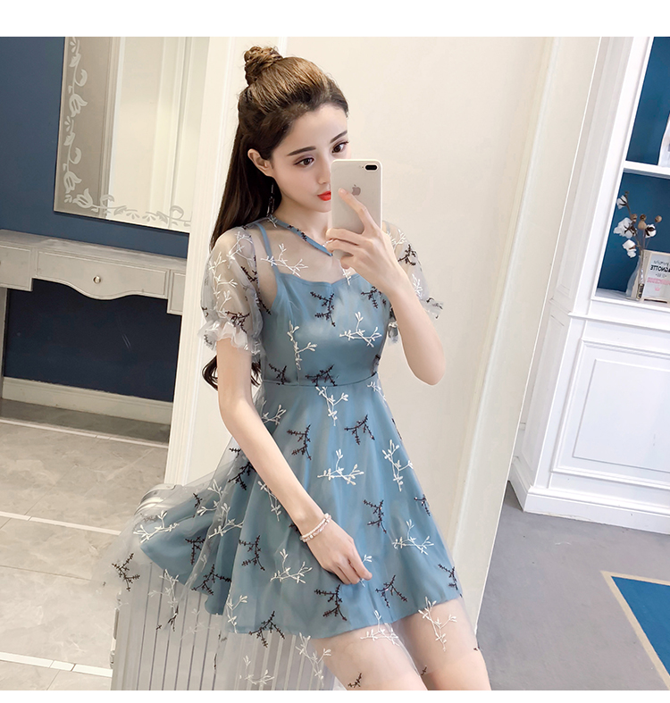 VK旗艦店 韓國風超仙甜美初戀溫柔仙女長裙網紗拼接短袖洋裝