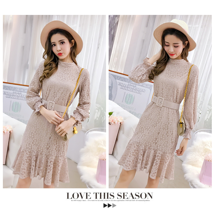DABI 韓國風名媛優雅蕾絲配腰帶長袖洋裝