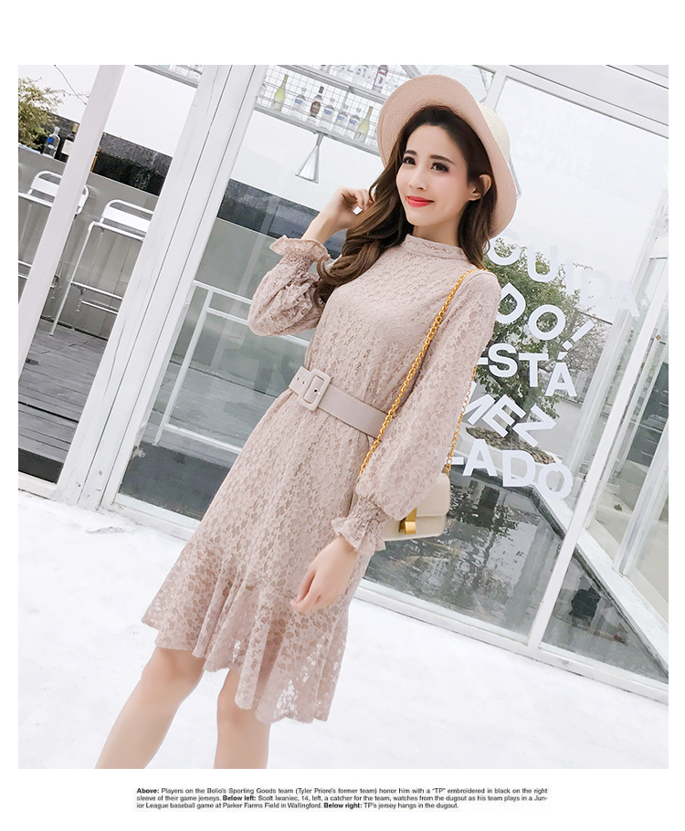 DABI 韓國風名媛優雅蕾絲配腰帶長袖洋裝