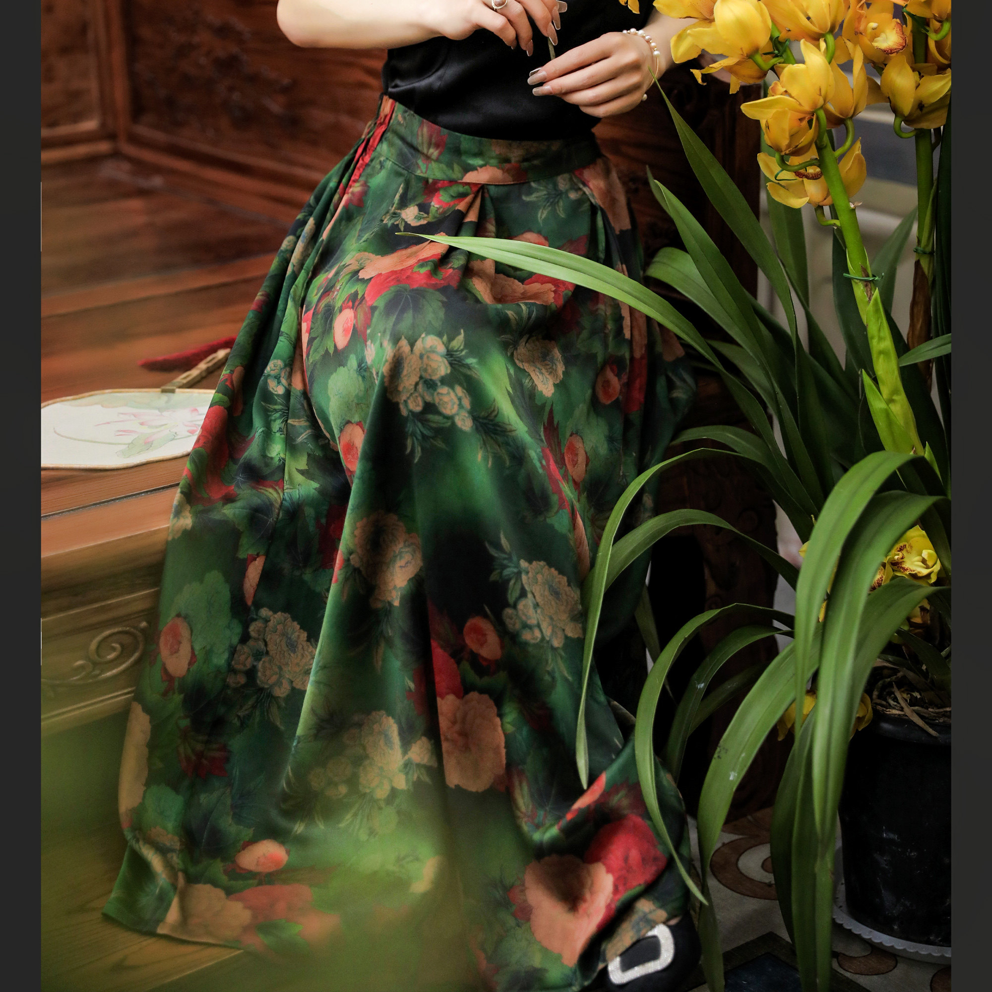 Current year -2022 Autumn real silk mulberry silk fragrant cloud yarn half body skirt long dress style Chinese art retro upscale