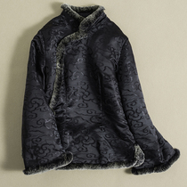 Moire-jacquard cotton coat Chinese stand-up collar Tang dress top Vintage Chinese style autumn and winter cotton otter rabbit hair short coat