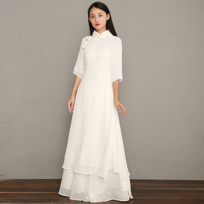 Creek White China Wind Improvement Qipao Style Zen tea Artistic Suit Zen Suit Women Artistic and Ethnic Wind Dress Suit