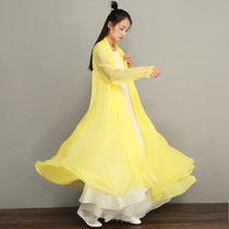 White-Yellow silk blend Zen womens Zen dance suit Chinese style Zen dance Chinese style outer cloak tea suit Zen suit